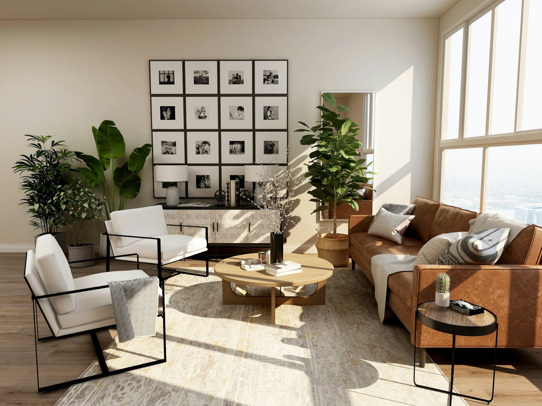Sunlit living room with a brown leather sofa and round timber table