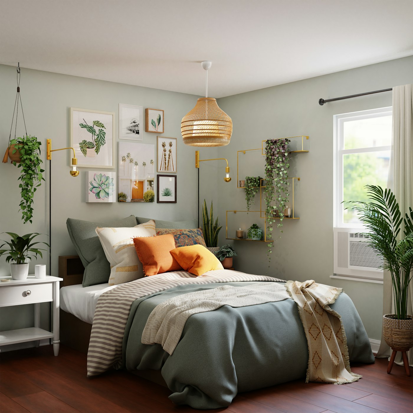 Bedroom with brass wall lamps and hanging brass shelves